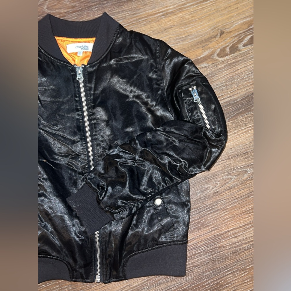 Charlotte Russe Womens Black Retro 90's  Bomber Jacket Orange Lining Size M